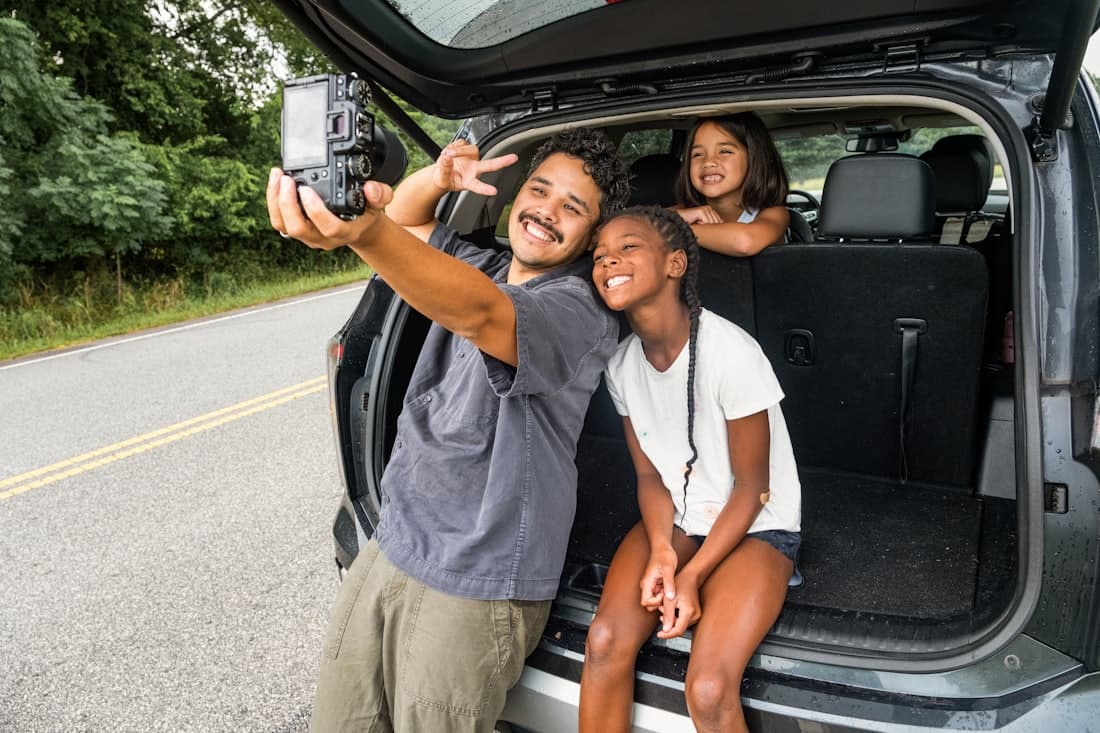 A happy family on a road trip